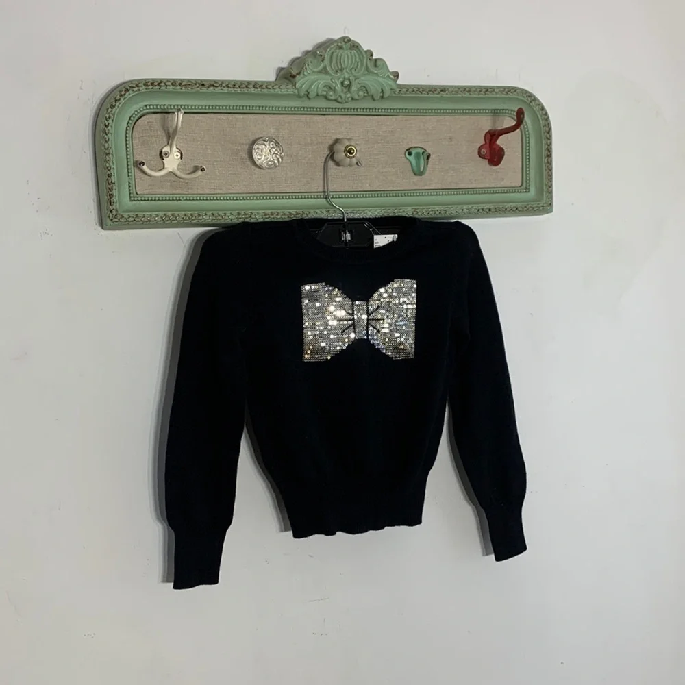 NWT the children’s place black crewneck pull over sweater silver sequin bow  top